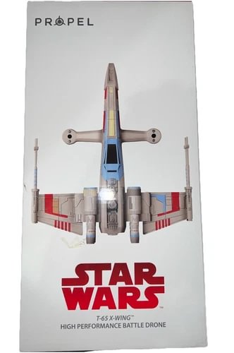 T-65 X-Wing battle drone model with gray wings, blue center, red markings