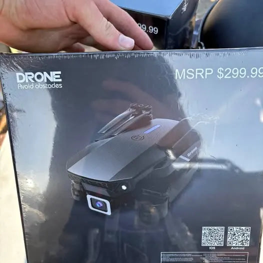 Drone retail box with drone image, MSRP $299.99, and QR code
