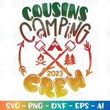 Camping 2023 graphic patch with pine trees, mountains, and hands in red and green