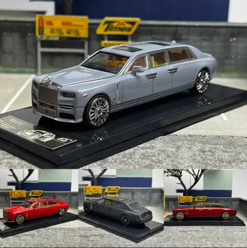 Silver Rolls-Royce Phantom extended diecast car model on black display base, front view