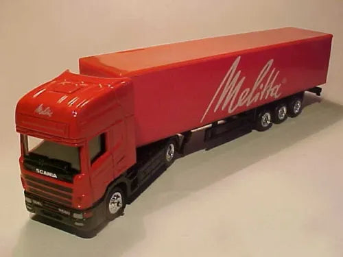 Red Scania 164L Melitta semi truck diecast model, boxed-style trailer with branding