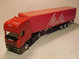 Red Scania 164L Melitta semi truck diecast model, boxed-style trailer with branding