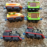 Chuggington diecast metal train car set, assorted colors with blue wheels, brown doors