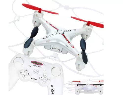 White quadcopter drone with red propellers and remote controller