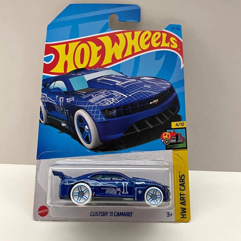 Blue Hot Wheels diecast Camaro in clear blister, Custom II Camaro card