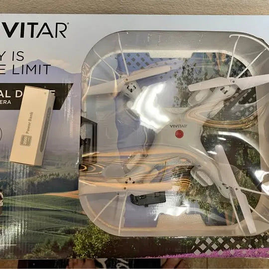Vivitar quadcopter drone in clear retail packaging with visible propellers
