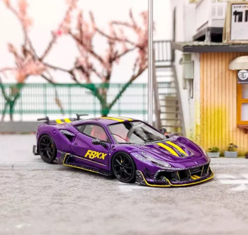 Purple racing sports model diecast car with yellow striping and black wheels