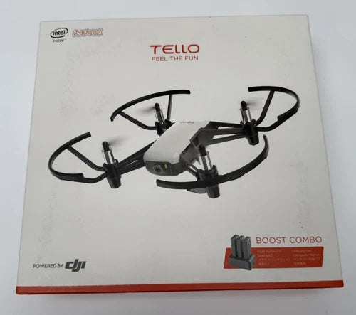 DJI Tello mini drone box with four-rotor drone illustration and Boost Combo label
