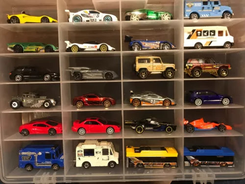 Diecast model car lot in clear display compartments, various colors and styles