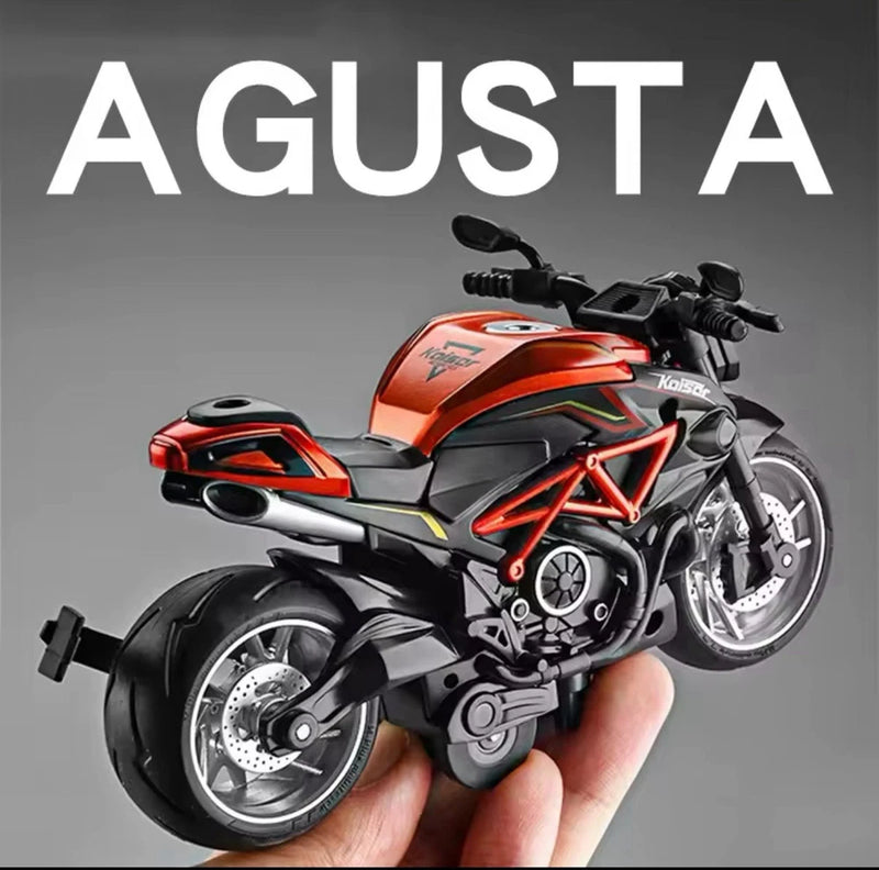Miniature diecast motorcycle model with red and black sporty fairing, held in hand