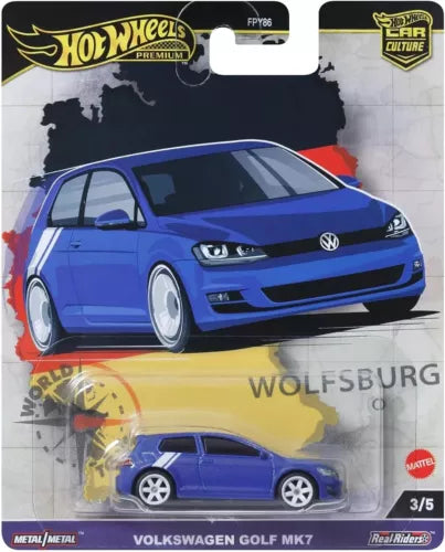 Blue Volkswagen Golf MK7 1:64 diecast car toy in blister packaging