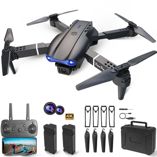 Foldable 4K quadcopter drone with dual camera, four propellers and blue LEDs