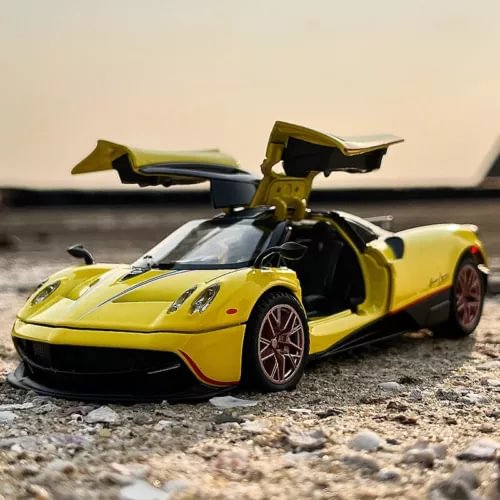 1:32 alloy diecast sports car model, yellow with black accents, doors open