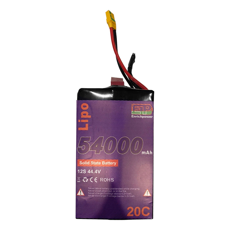 Purple Li-ion battery pack with label and balance connector wires on top