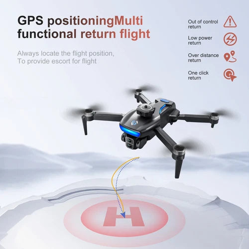 Foldable quadcopter drone with dual cameras, black and gray, four propellers