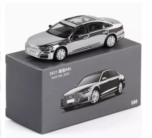 1:64 black and silver diecast sedan model car on display box