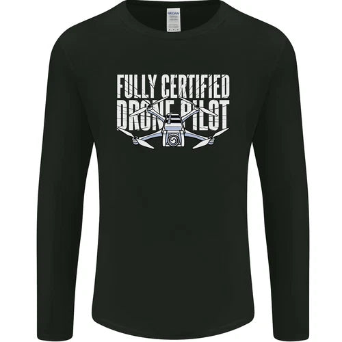 Mens black long-sleeve T-shirt with white drone pilot graphic at chest