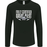 Mens black long-sleeve T-shirt with white drone pilot graphic at chest
