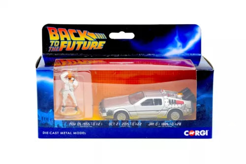 Corgi die-cast DeLorean car toy with figure, in retail box
