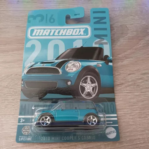 Matchbox diecast Mini Cooper S Cabrio toy car in blue, in blister packaging