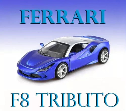 Ferrari F8 Tributo diecast toy car, blue with silver wheels and front detail