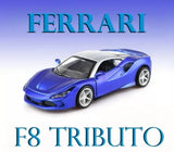 Ferrari F8 Tributo diecast toy car, blue with silver wheels and front detail