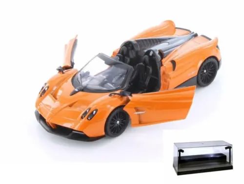 Orange diecast roadster model with display case and clear window