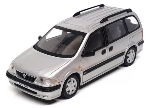 Diecast model van in silver with front grille and headlights, front 3/4 view