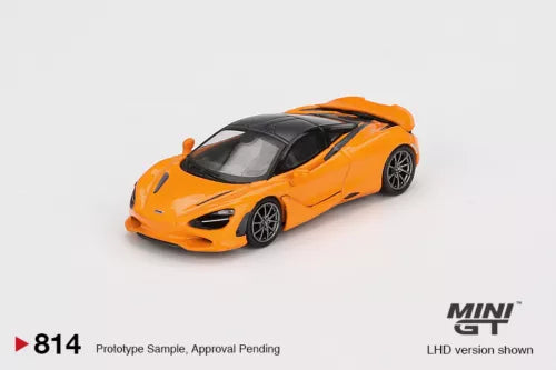 Mini GT 814 LHD diecast model car in orange with black accents, front 3/4 view