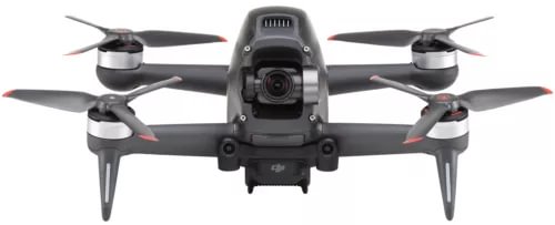 FPV quadcopter drone with front camera and four propellers, gray body