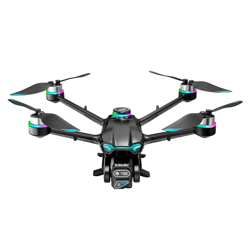 Foldable mini quadcopter drone, black with teal LED accents and 4 propellers