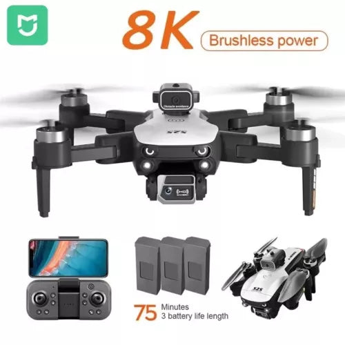 Dual-camera drone with white body and four black arms, forward and underside cameras