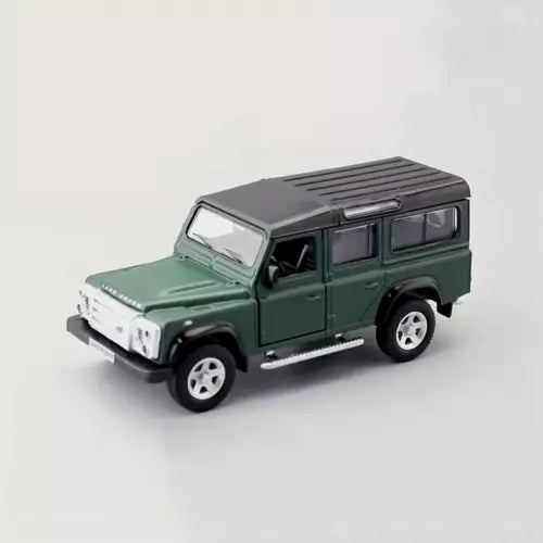 Green diecast model SUV with open front grille, black roof, and side step details