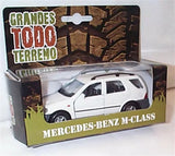 White diecast Mercedes-Benz M-Class SUV toy with front doors open