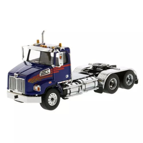 Blue 1/50 diecast tandem tractor model with chrome chassis and cab details