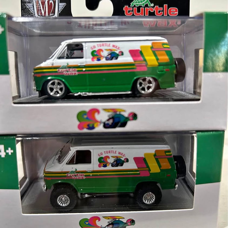 Green diecast van model with Turtle Wax graphics, front and side view in package