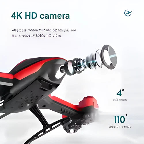 Mini drone with red and black body and front 4K HD camera lens