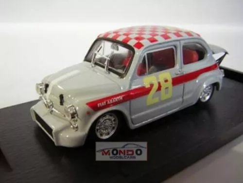 Diecast model car of a white Fiat with red stripe, checkered roof, and number 26
