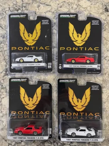 1/64 Pontiac GTA diecast car set in four retail boxes, featuring red cars