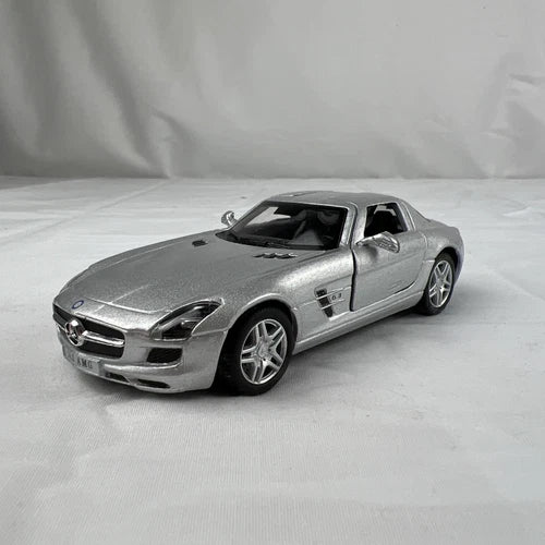 Gray diecast model toy car, 1:36 scale, front three-quarter view
