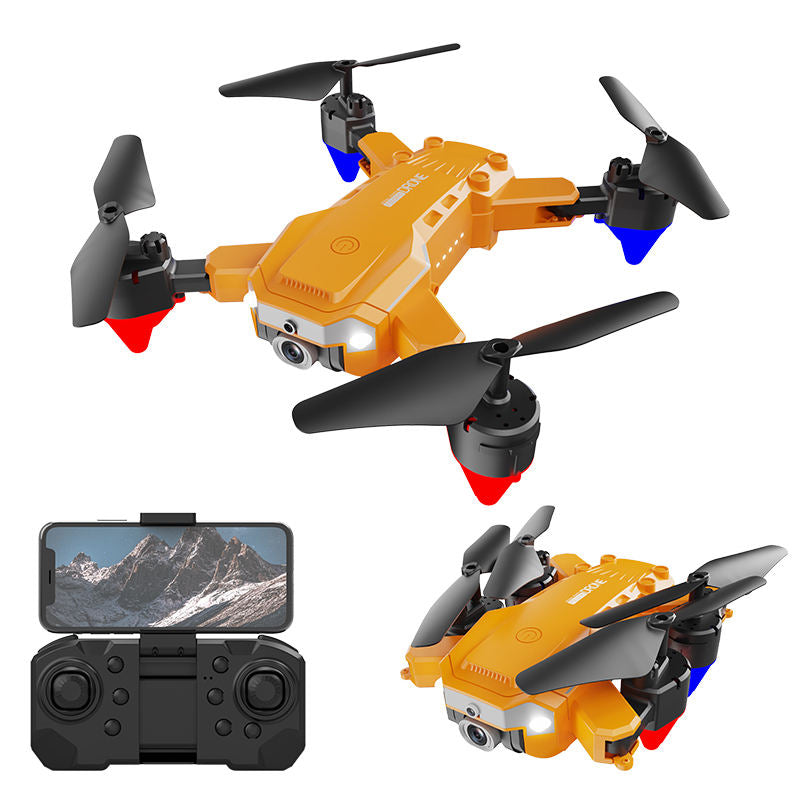 Orange foldable quadcopter drone with dual camera and controller