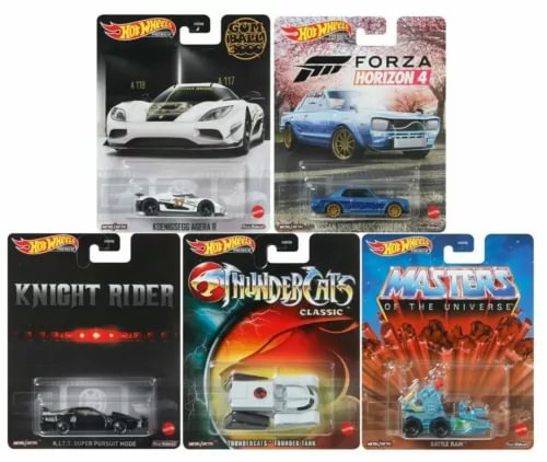Hot Wheels 1:64 diecast car set in blister cards, featuring themed vehicle graphics.