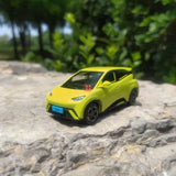 Lime green BYD Sea Gull diecast model car with black accents, front 3/4 view