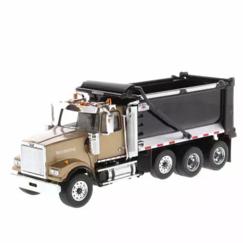 Tan and black 1:50 diecast dump truck model with tipping bed