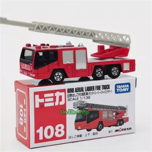 Diecast aerial ladder fire truck model with red cab, gray ladder, scale 1/139, box 108