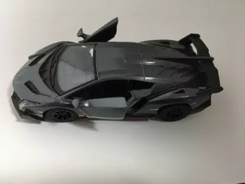 Gray Lamborghini Veneno diecast model car, low front view with black details and rear wing