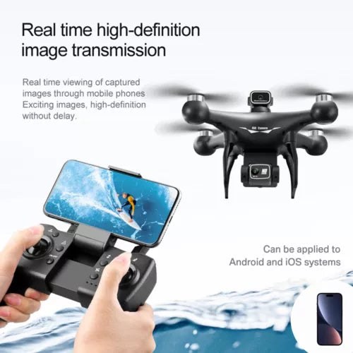 Foldable quadcopter drone with HD camera, shown with handheld controller and phone