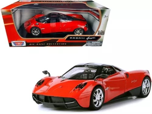 Red Pagani Huayra diecast model car with chrome wheels, front 3/4 view