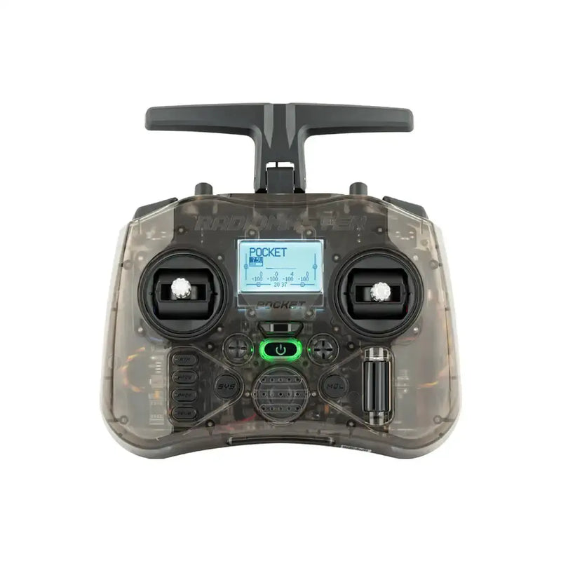 Drone remote transmitter with dual thumb gimbals and central screen, dark gray body