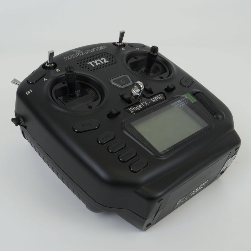 Black FPV remote control transmitter with dual joysticks and built-in display screen